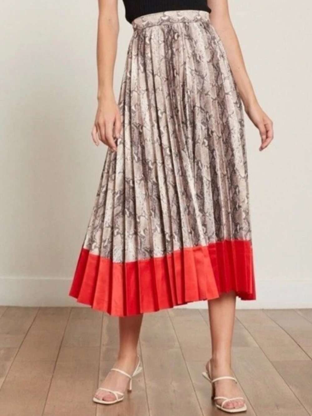 Lucy Paris NWT Snake Print Pleated Midi Skirt Red Hem Size Small